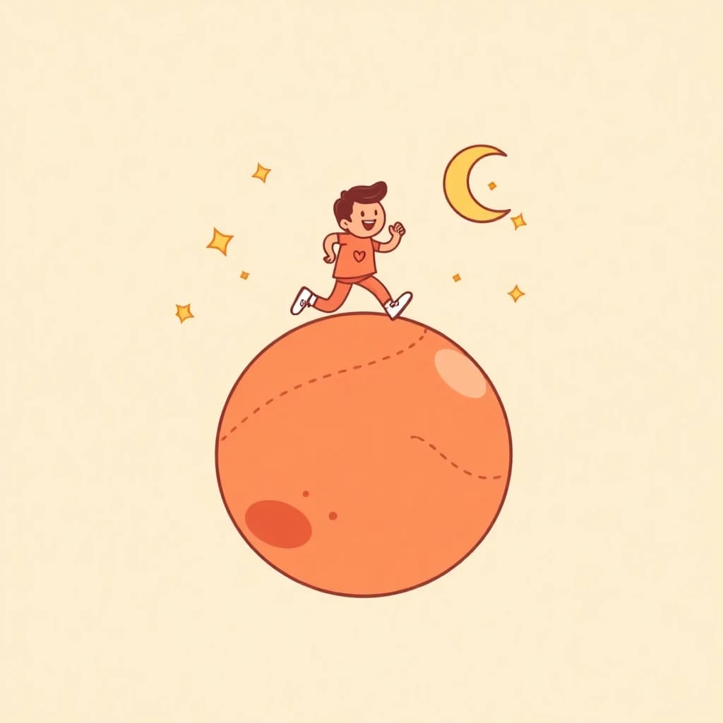 Cartoon runner jogging around a small planet under a smiling moon