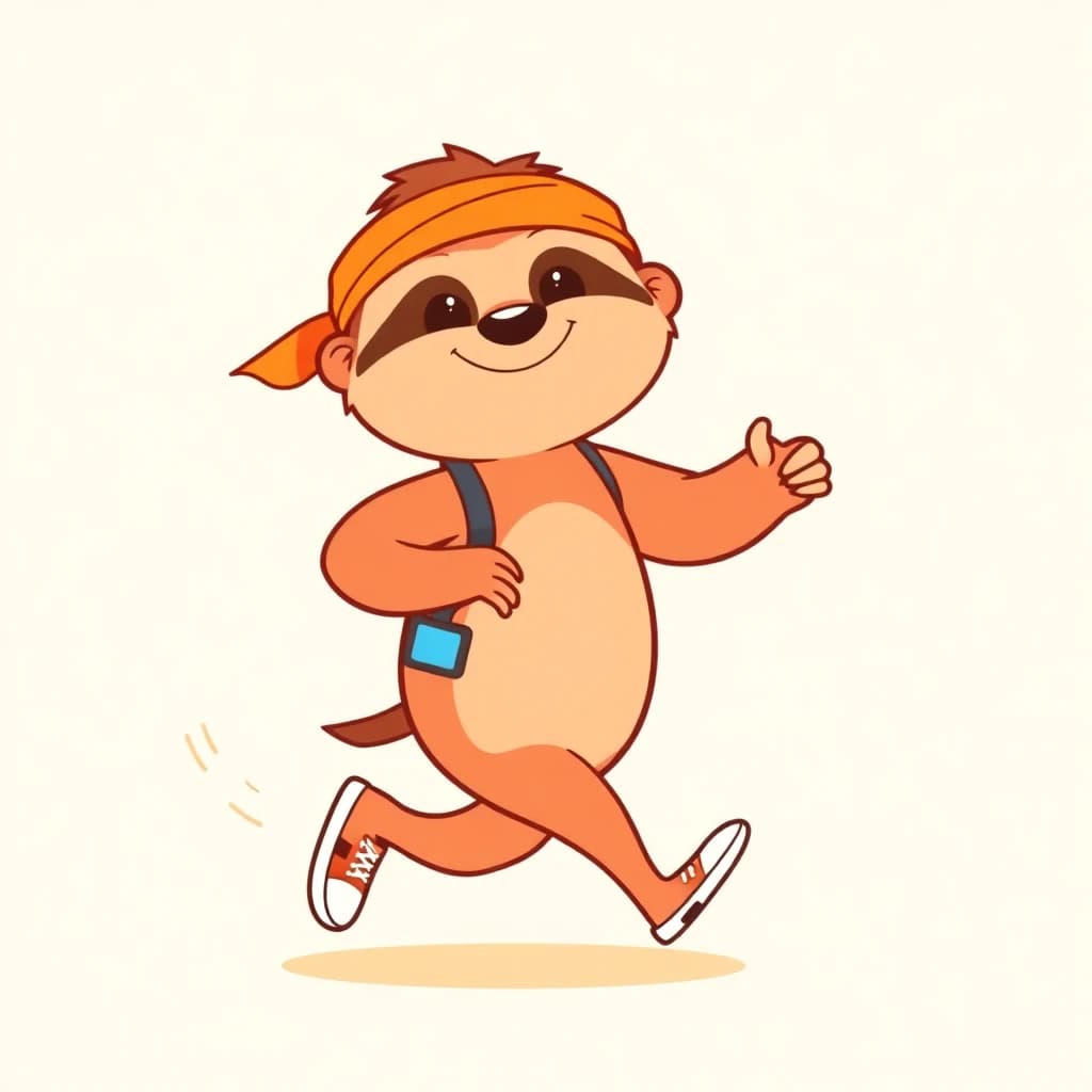 Cartoon sloth in a sweatband and running shoes, jogging proudly