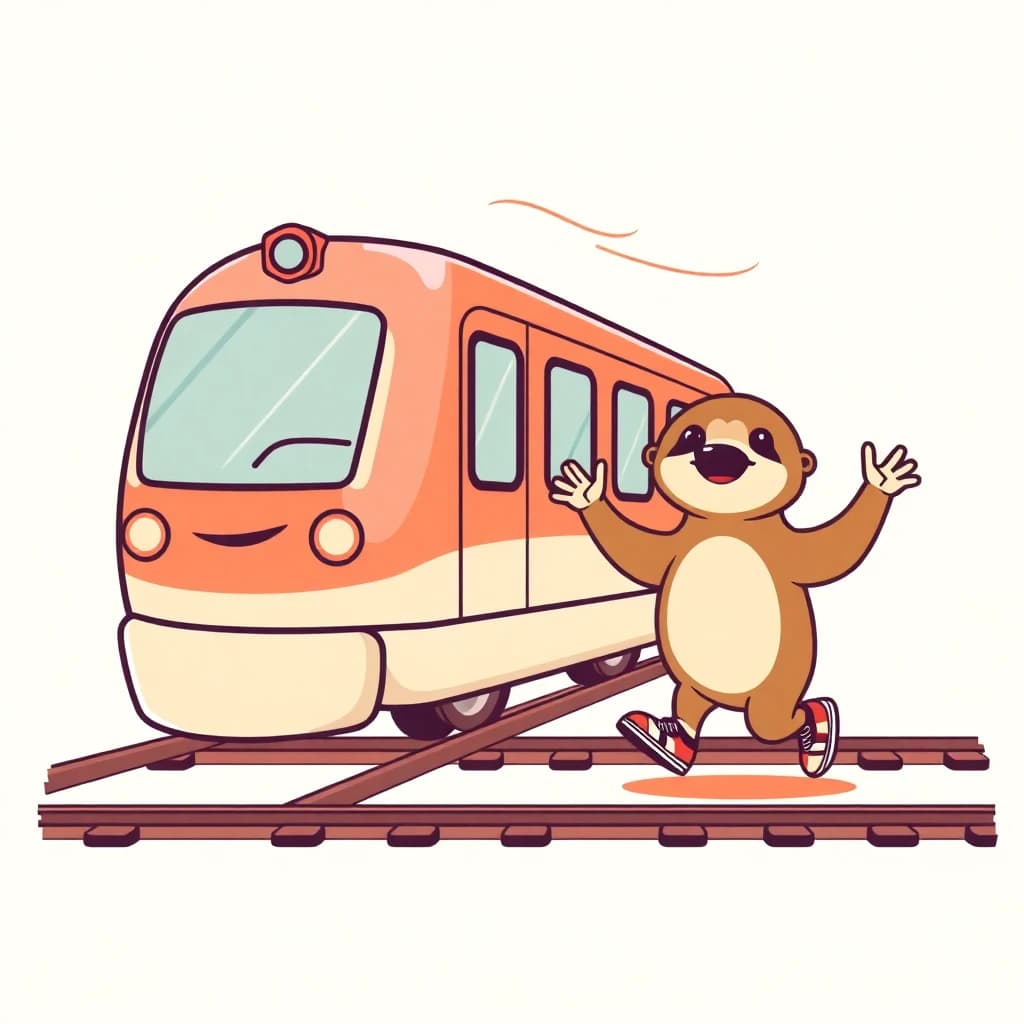 Cartoon express train speeding past a cheerful waving sloth