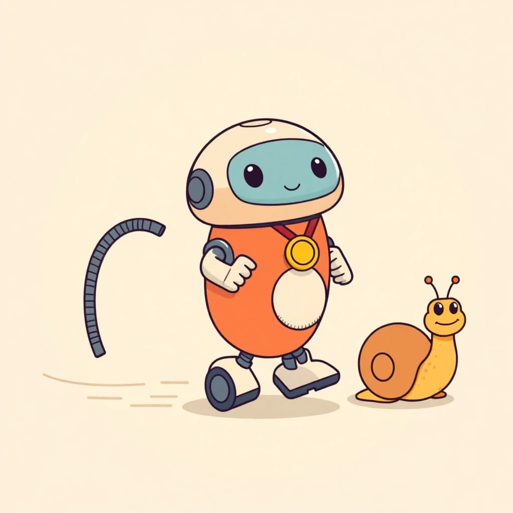 Cartoon robot vacuum wearing a gold medal while a snail watches